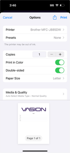 Printer Options screen