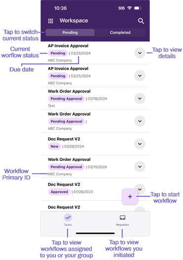 Workspace pending tasks screen