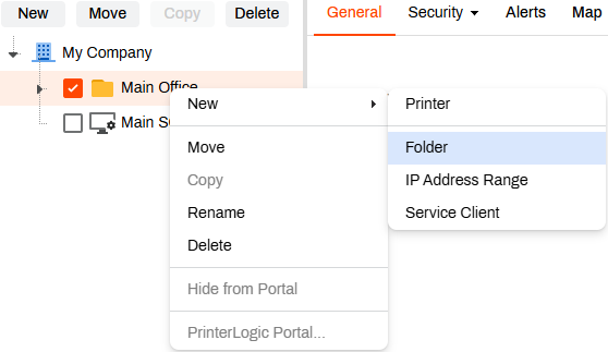 Admin Console showing expanded context menu and New and Folder options. Admin Console showing expanded context menu and New and Folder options.