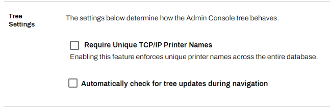 Admin Console, General settings page, showing Tree Settings section. Admin Console, General settings page, showing Tree Settings section.