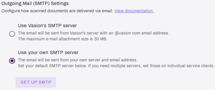 Expanded Preset Scan Locations section, Email tab, Outgoing Mail SMTP Settings section, showing "Use your own SMTP" server selected. Expanded Preset Scan Locations section, Email tab, Outgoing Mail SMTP Settings section, showing "Use your own SMTP" server selected.