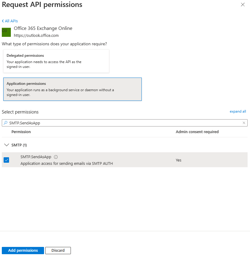 Entra ID portal showing "Request API permissions" dialog box. Entra ID portal showing "Request API permissions" dialog box.