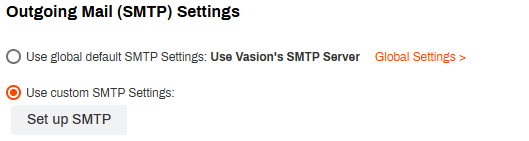 Outgoing Mail SMTP Settings section, showing Use custom SMTP Settings option selected. Outgoing Mail SMTP Settings section, showing Use custom SMTP Settings option selected.
