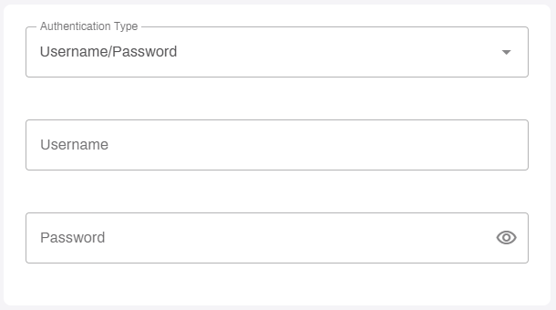 Authentication page, showing fields for Username/Password authentication. Authentication page, showing fields for Username/Password authentication.
