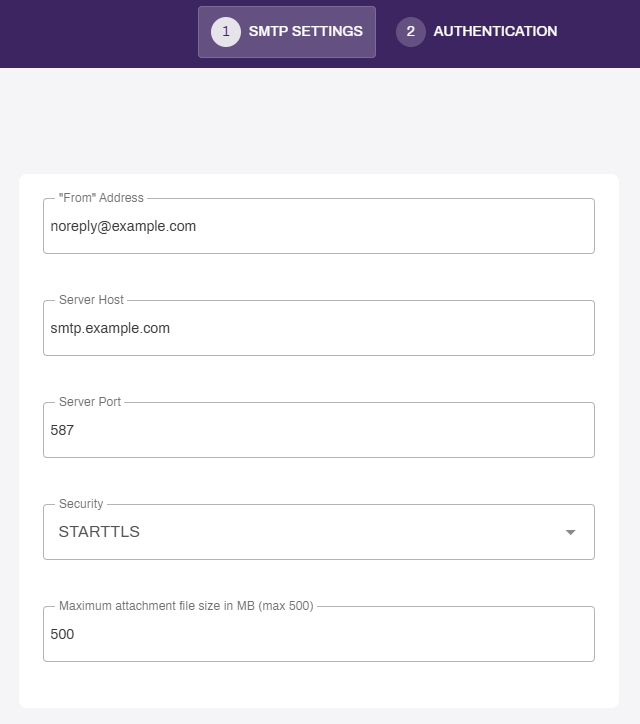 SMTP Settings page, showing information entered for address, host, port, security, and file size. SMTP Settings page, showing information entered for address, host, port, security, and file size.