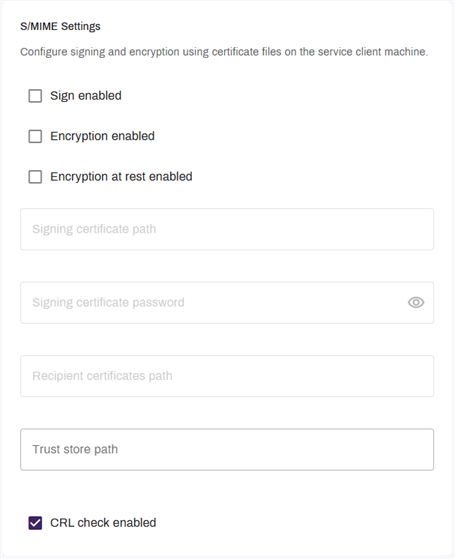 S/MIME Settings tab, showing signing and encryption options. S/MIME Settings tab, showing signing and encryption options.