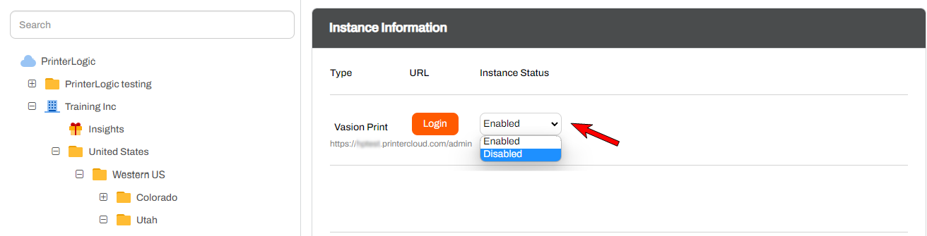MSP Portal showing the Enable/Disable drop-down option next to the login button.