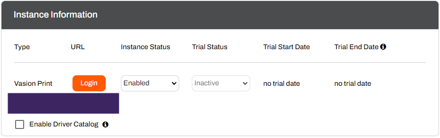 Instance information section showing the Enable Driver Catalog checkbox.