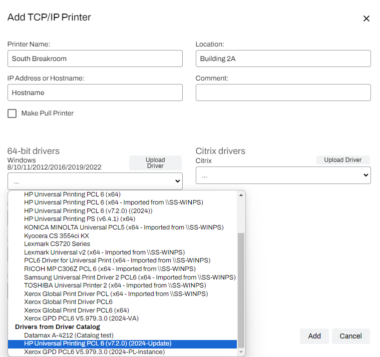 Add TCP/IP Printers modal showing the expanded driver options.