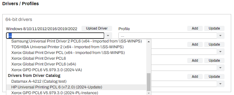 Drivers/Profiles modal showing the expanded driver option dropdown.