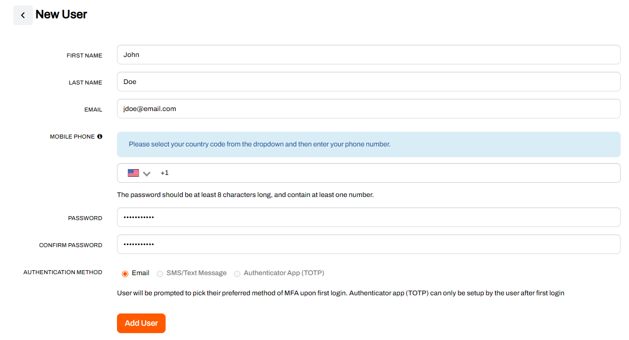 New user form within MSP Portal.