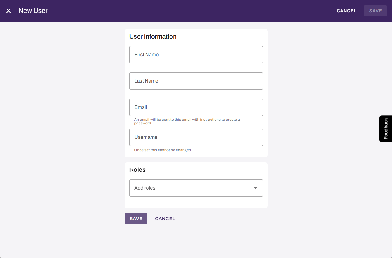Vasion Automate showing New User modal. Vasion Automate showing New User modal.