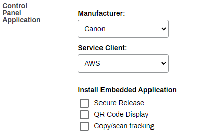 Admin Console showing printer's Apps tab and Install Embedded Application section. Admin Console showing printer's Apps tab and Install Embedded Application section.