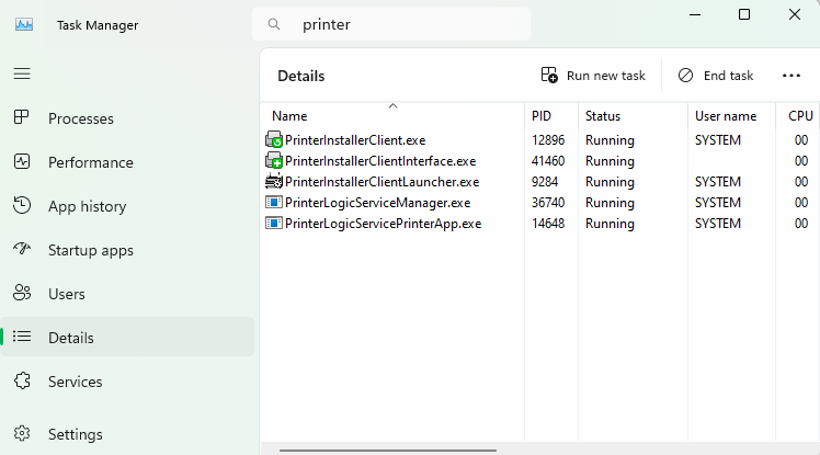 Task Manager showing services running. Task Manager showing services running.