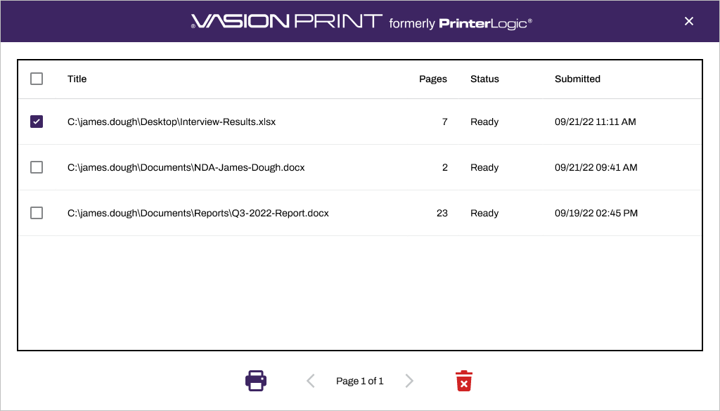 Print Release screen. Print Release screen showing three print jobs with the first job selected.
