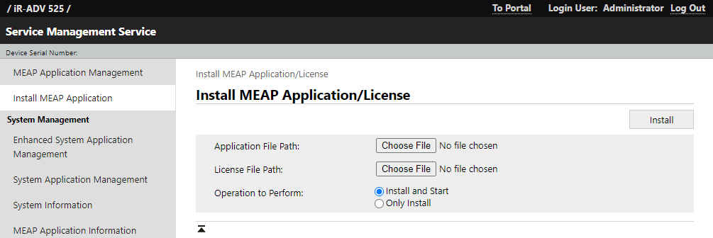 Web interface portal showing Install MEAP Application/License section. Web interface portal showing Install MEAP Application/License section.