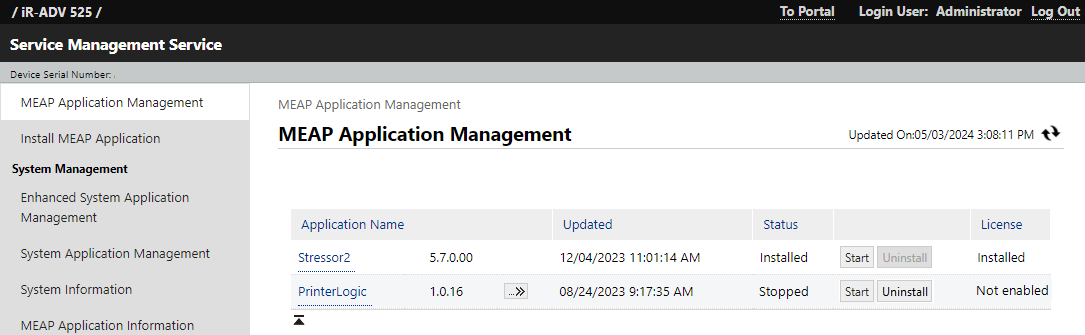 Web interface portal showing MEAP Application Management section. Web interface portal showing MEAP Application Management section.