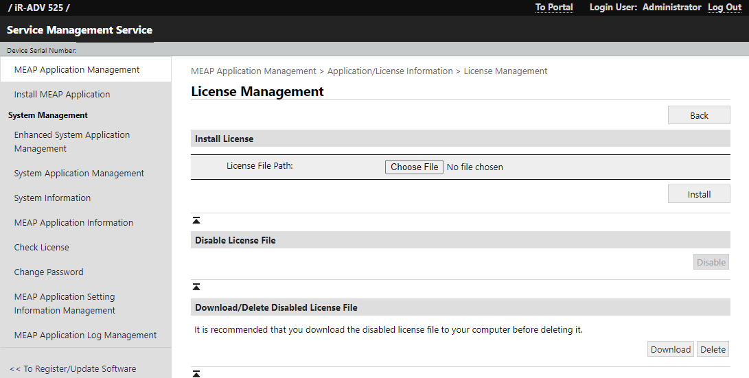 Web interface portal showing License Management section. Web interface portal showing License Management section.