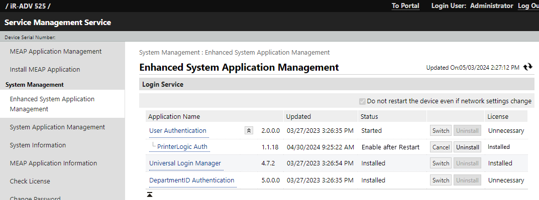 Web interface portal showing Enhanced System Application Management section. Web interface portal showing Enhanced System Application Management section.