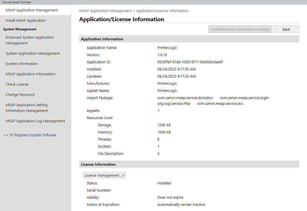 Web interface portal showing Application/License Information section. Web interface portal showing Application/License Information section.