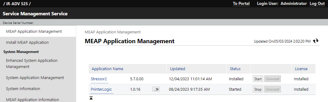 Web interface portal showing MEAP Application Management section. Web interface portal showing MEAP Application Management section.
