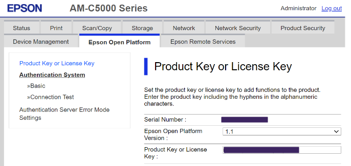 Web interface portal showing Epson Open Platform tab. Web interface portal showing Epson Open Platform tab.