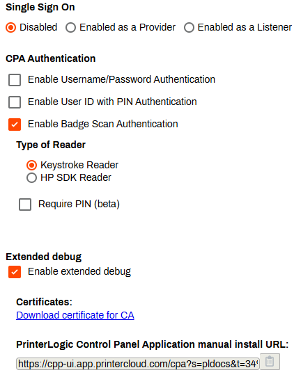 Admin Console showing printer object's Apps tab and Single Sign On, CPA Authentication, and "Extended debug" sections. Admin Console showing printer object's Apps tab and Single Sign On, CPA Authentication, and "Extended debug" sections.