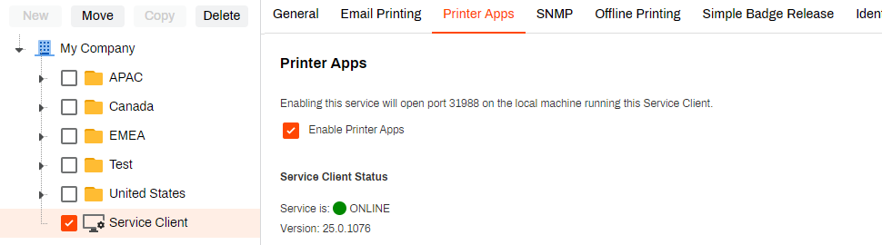 Admin Console showing Service Client's Printer Apps tab. Admin Console showing Service Client's Printer Apps tab.