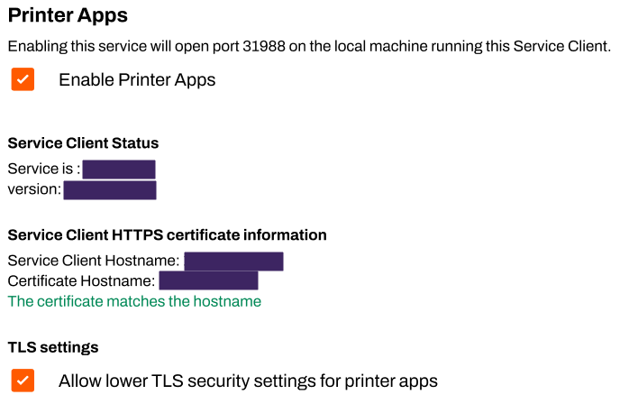 Admin Console showing Service Client's Printer Apps tab and TLS Settings section. Admin Console showing Service Client's Printer Apps tab and TLS Settings section.