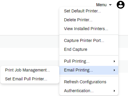 Email Printing menu options. Self-service Portal menu showing the Email Printing opitons.