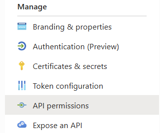 Microsoft Entra admin center showing Manage section and "API permissions" option. Microsoft Entra admin center showing Manage section and "API permissions" option.