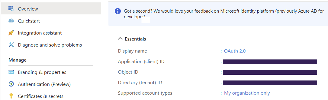 Microsoft Entra admin center showing Overview tab and Essentials section. Microsoft Entra admin center showing Overview tab and Essentials section.