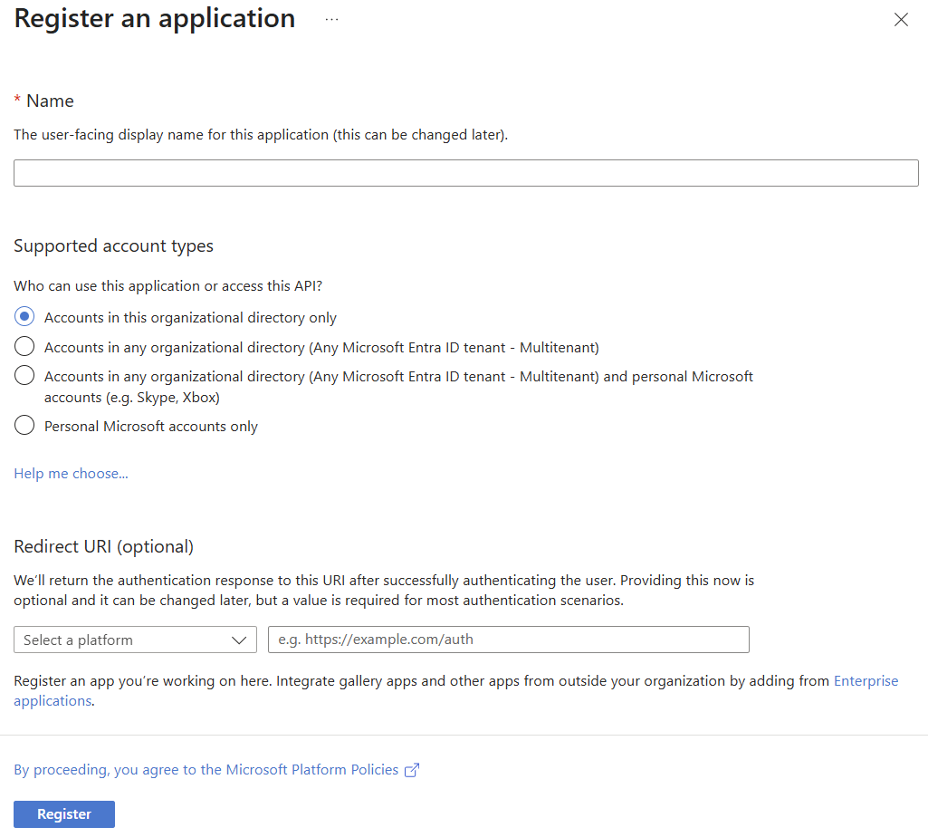 Microsoft Entra admin center showing "Register an application" page. Microsoft Entra admin center showing "Register an application" page.