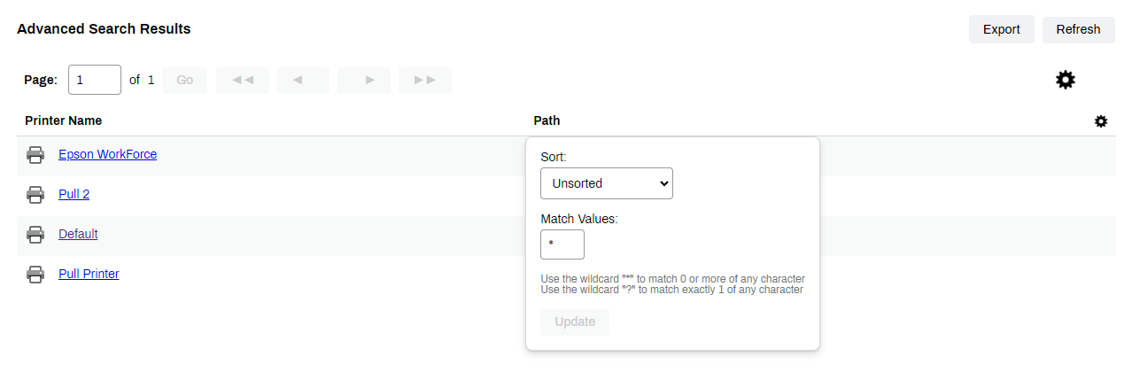 Sort results options Results sorting options