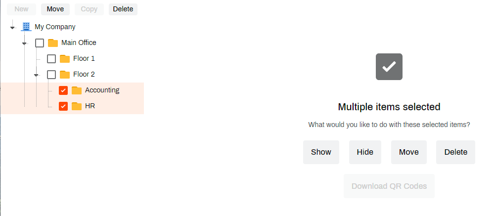 Admin Console showing multiple folders selected and Move option. Admin Console showing multiple folders selected and Move option.