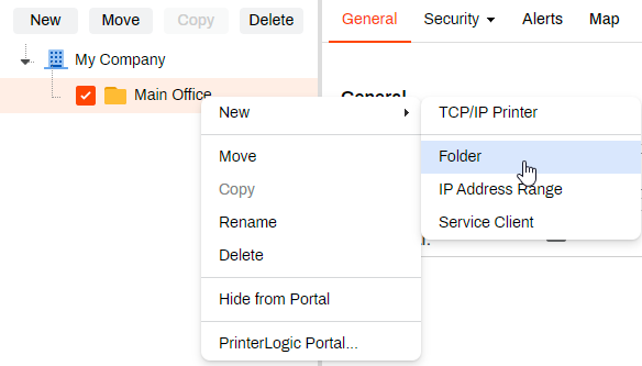 Admin Console showing expanded context menu and New and Folder options. Admin Console showing expanded context menu and New and Folder options.