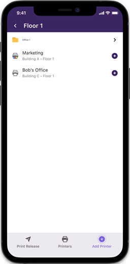 Add Printers screen shown on an iOS device. Add Printers screen showing available printers on a iOS device.