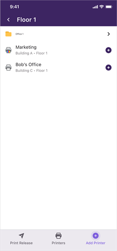 Add printers screen. Add Printers screen showing one folder and two printers available to install.
