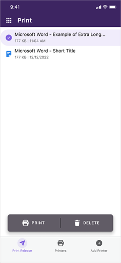 Select print job to release Print job selected and showing the Print and Delete options.