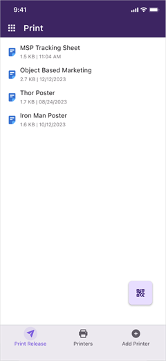 Print release screen. Print Release screen showing four held print jobs.
