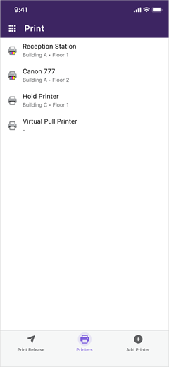 Printers screen. The Printers screen showing four printers deployed by an admin.