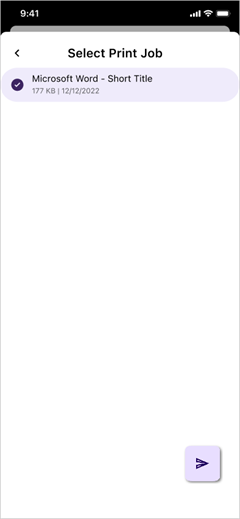 Select the print job and tap the Send button. Select Print Job screen showing a print job selected.