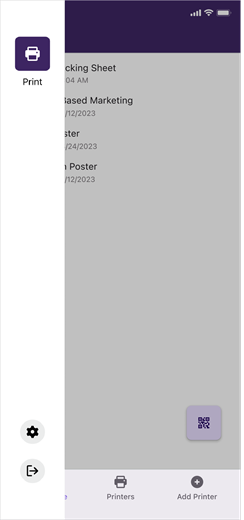 App side menu. The app side menu displaying the Print, Scan, Settings and Exit options.