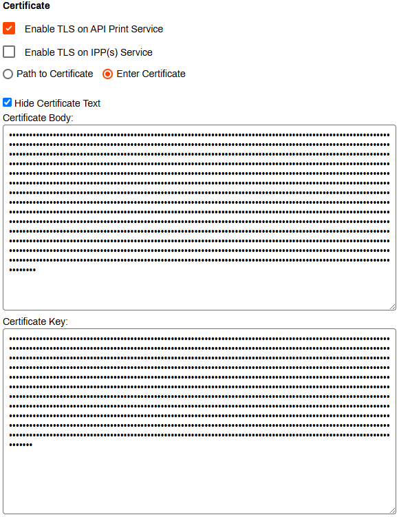 Output Automation tab, API & IPP Print Service section, showing Certificate options. Output Automation tab, API & IPP Print Service section, showing Certificate options.