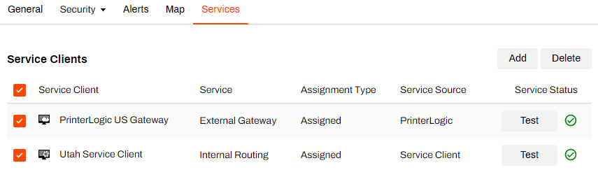 Admin Console showing folder's Services tab and external gateway and internal routing Service Client added. Admin Console showing folder's Services tab and external gateway and internal routing Service Client added.