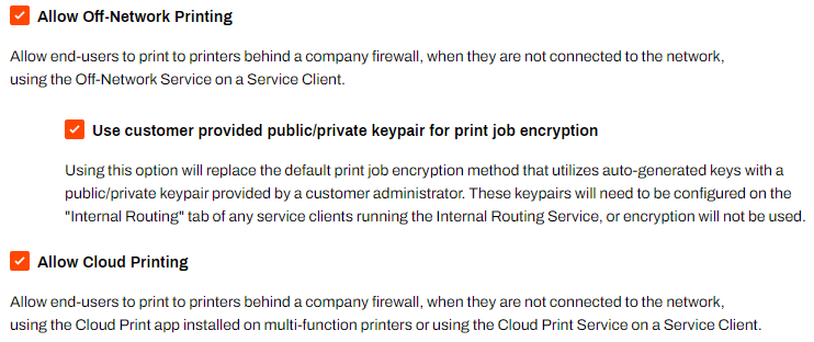 Admin Console showing General settings and Off-Network Printing section. Admin Console showing General settings and Off-Network Printing section.