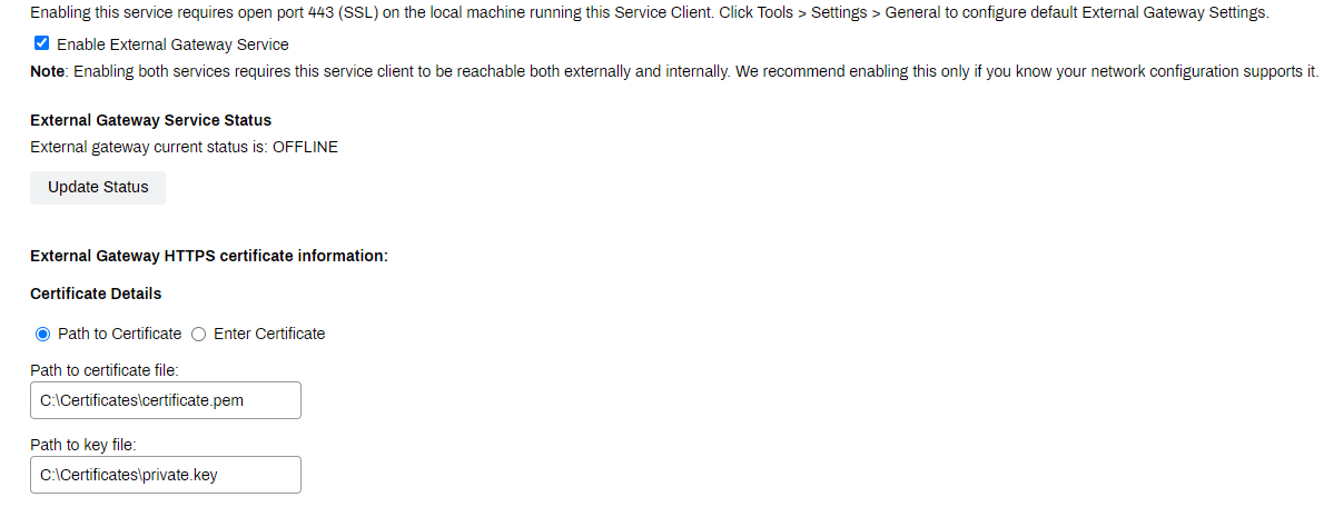 Admin Console showing Service Client's External Gateway tab. Admin Console showing Service Client's External Gateway tab.