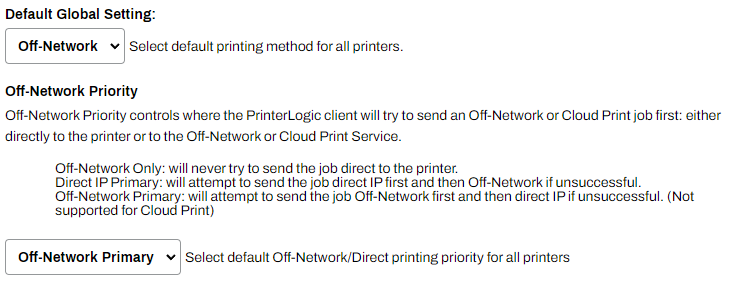 Admin Console showing General settings, Default Global Setting, and Off-Network Priority section. Admin Console showing General settings, Default Global Setting, and Off-Network Priority section.