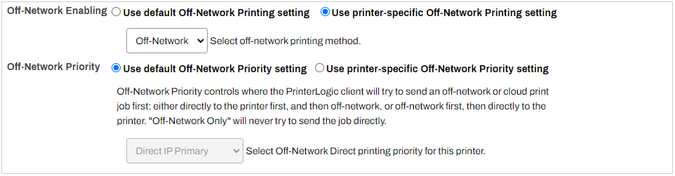Admin Console showing printer object's Off-Network tab. Admin Console showing printer object's Off-Network tab.