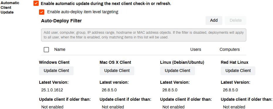 Admin Console showing Client Settings and Automatic Client Update section. Admin Console showing Client Settings and Automatic Client Update section.